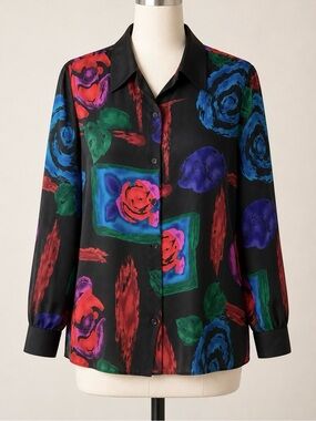 Vintage Dark Floral Button Up Blouse Long Sleeve Silky Artsy Colorful Boho 20W